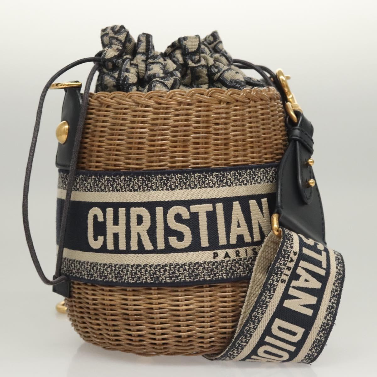 Christian Dior Oblique Wicker Shoulder Bag Rattan Navy Brown gold Auth BA1114SAM