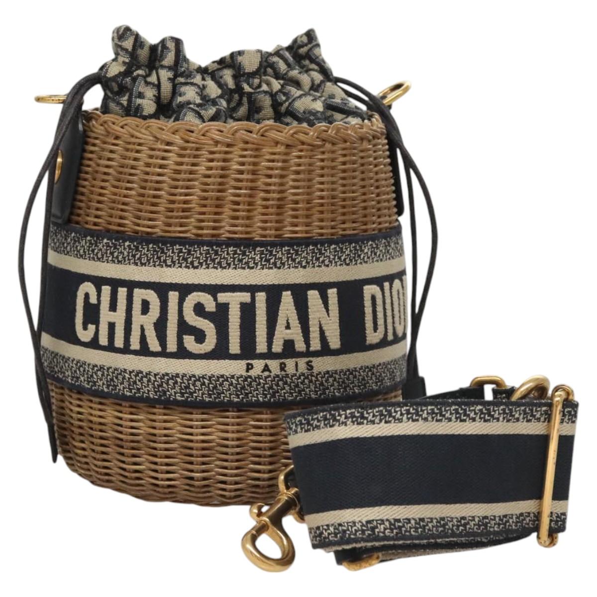 Christian Dior Oblique Wicker Shoulder Bag Rattan Navy Brown gold Auth BA1114AM