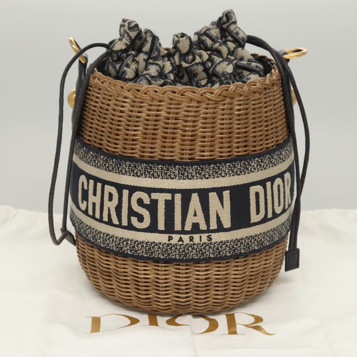 Christian Dior Oblique Wicker Shoulder Bag Rattan Navy Brown gold Auth BA1114SAM