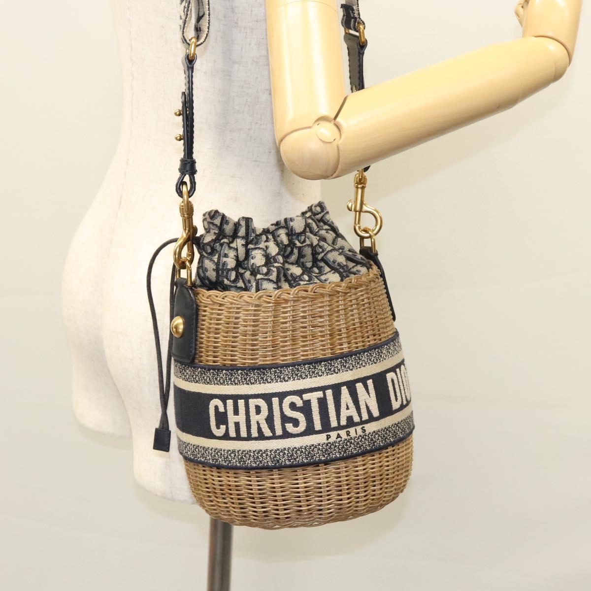 Christian Dior Oblique Wicker Shoulder Bag Rattan Navy Brown gold Auth BA1114SAM