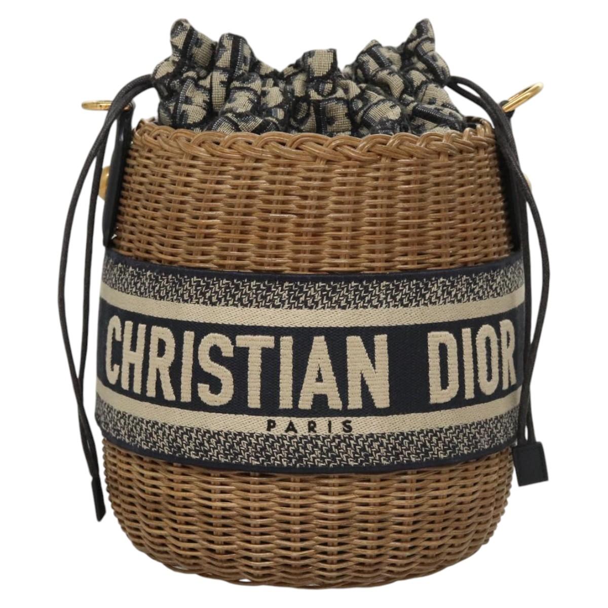 Christian Dior Oblique Wicker Shoulder Bag Rattan Navy Brown gold Auth BA1114AM