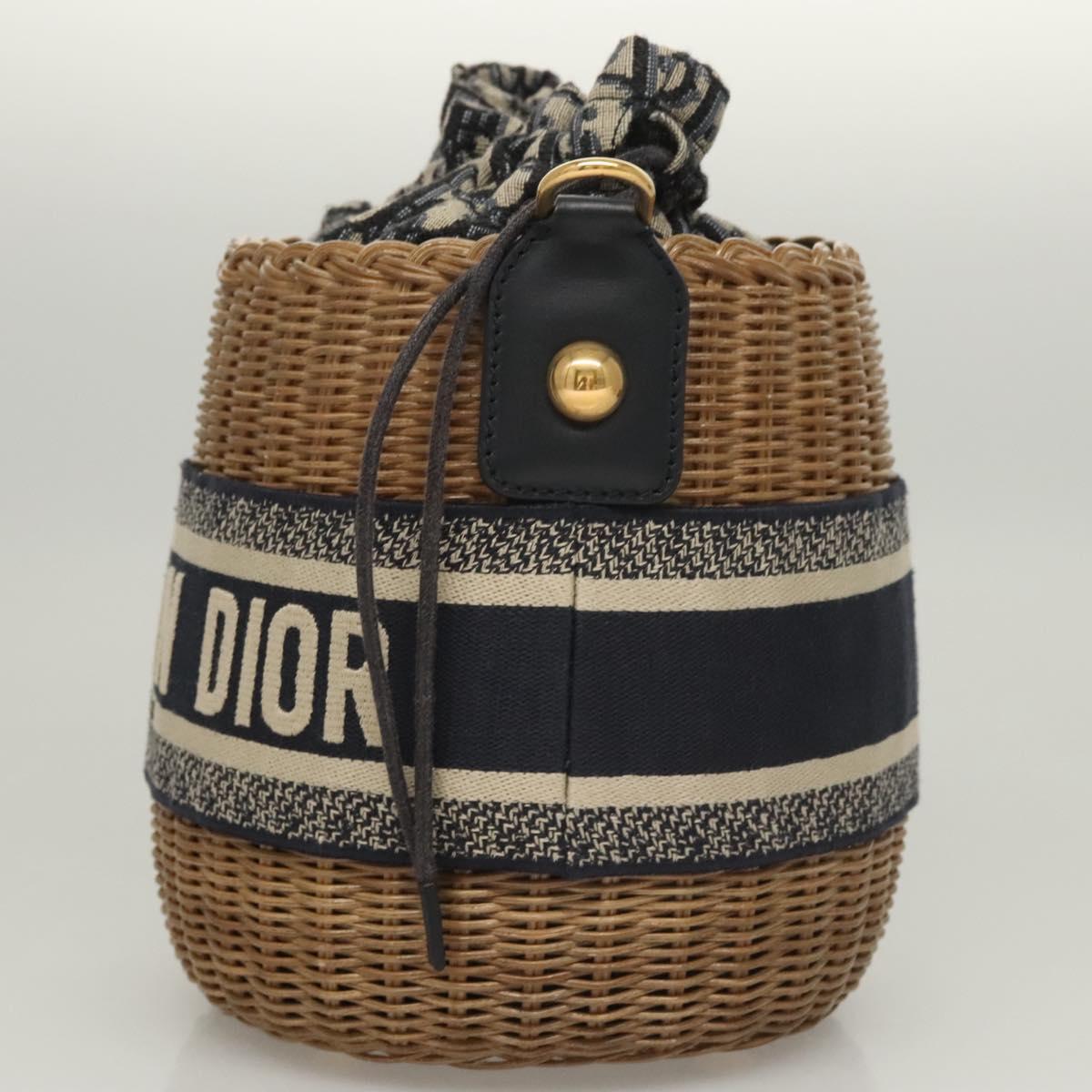 Christian Dior Oblique Wicker Shoulder Bag Rattan Navy Brown gold Auth BA1114AM