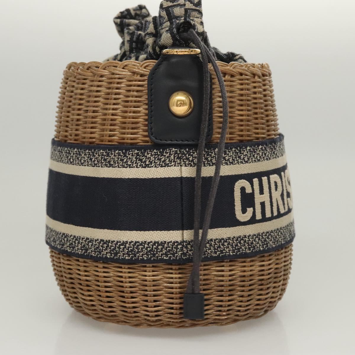 Christian Dior Oblique Wicker Shoulder Bag Rattan Navy Brown gold Auth BA1114SAM