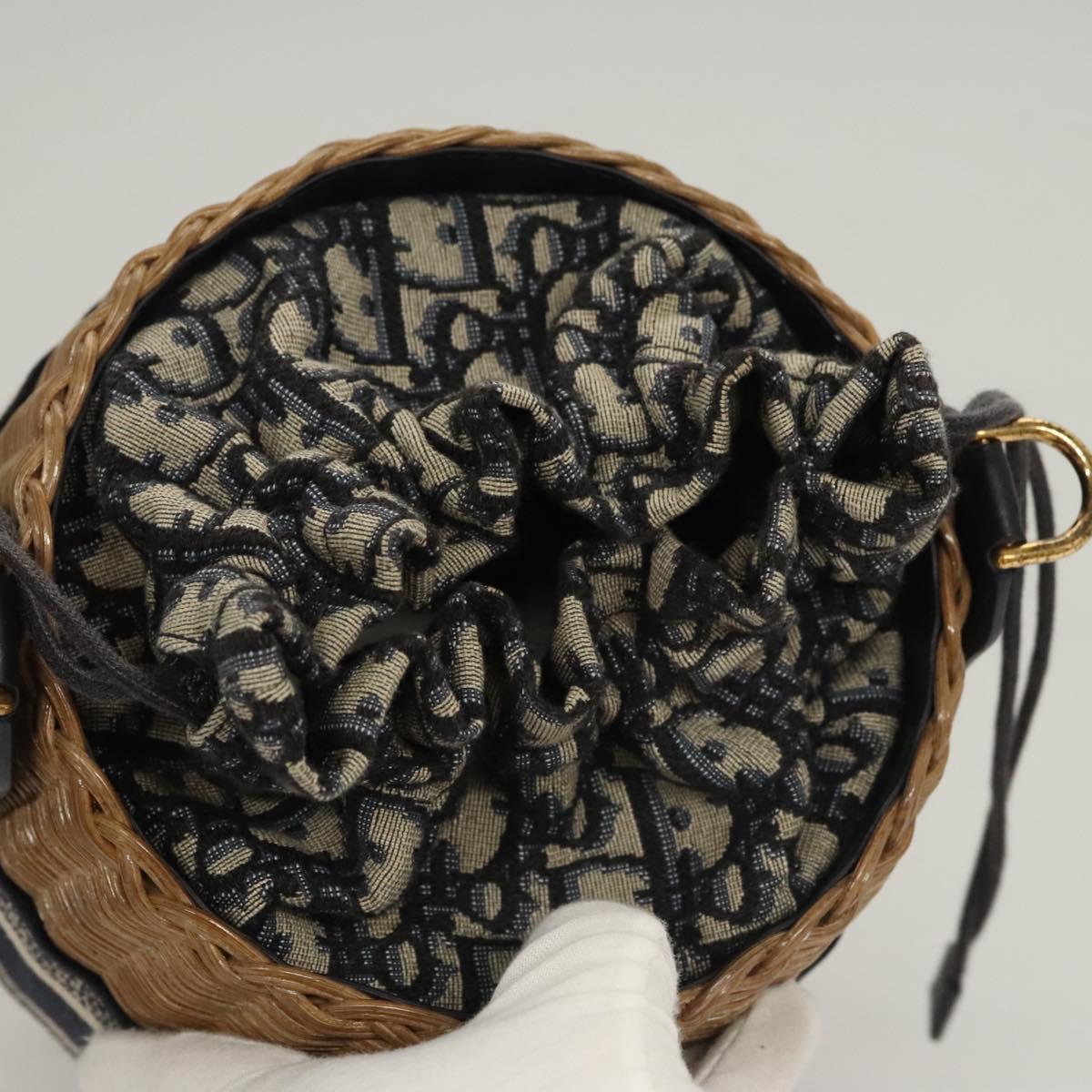 Christian Dior Oblique Wicker Shoulder Bag Rattan Navy Brown gold Auth BA1114AM