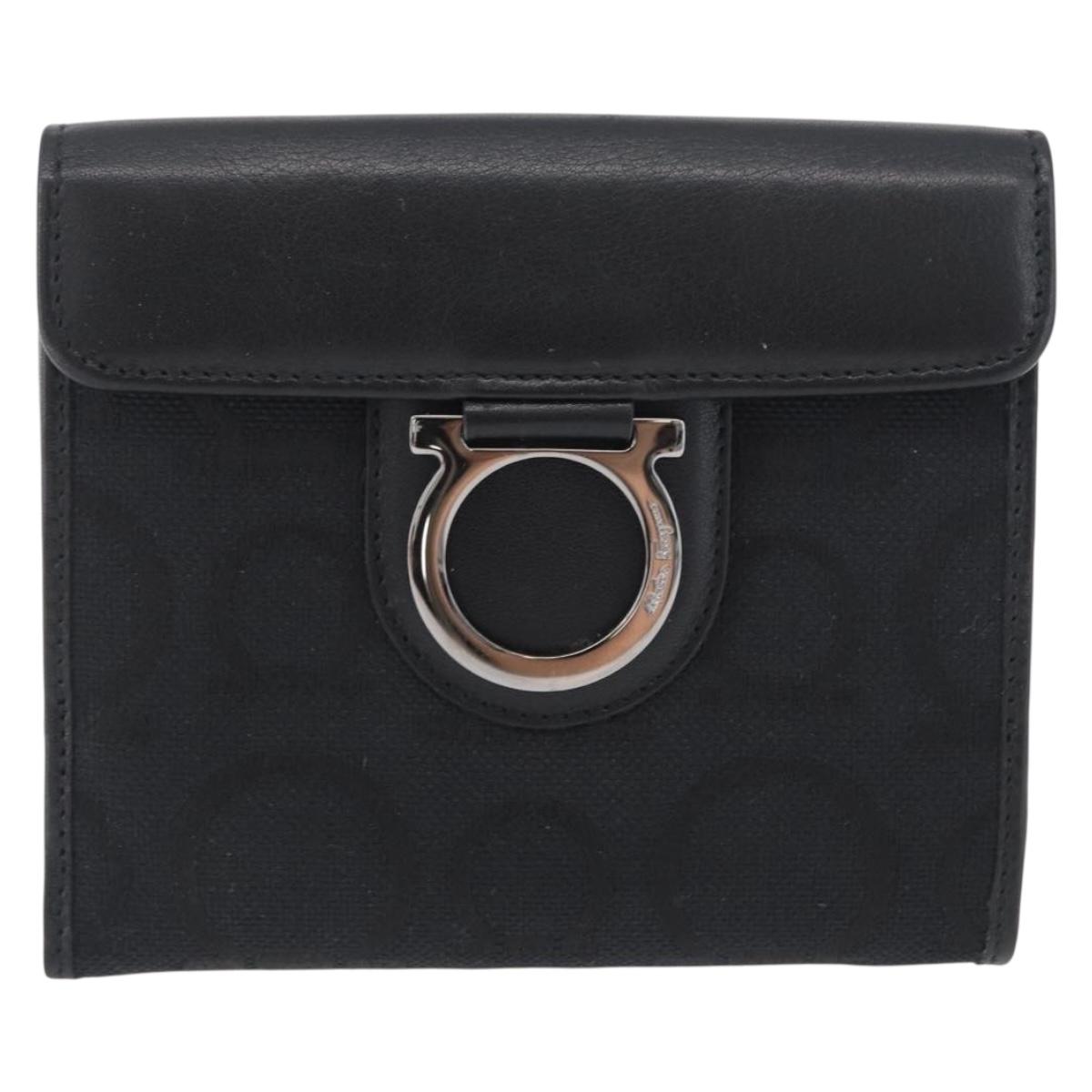 Salvatore Ferragamo Gancini Compact Wallet Nylon Leather Black Auth BA11154V