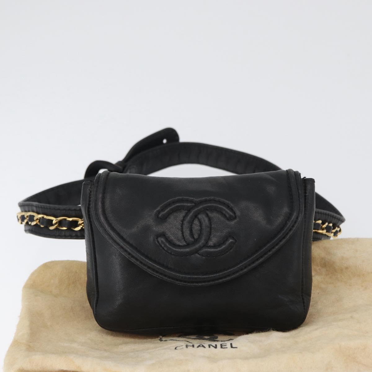 CHANEL COCO Mark Chain Waist Bag Lamb Skin Black Gold CC Auth BA11165