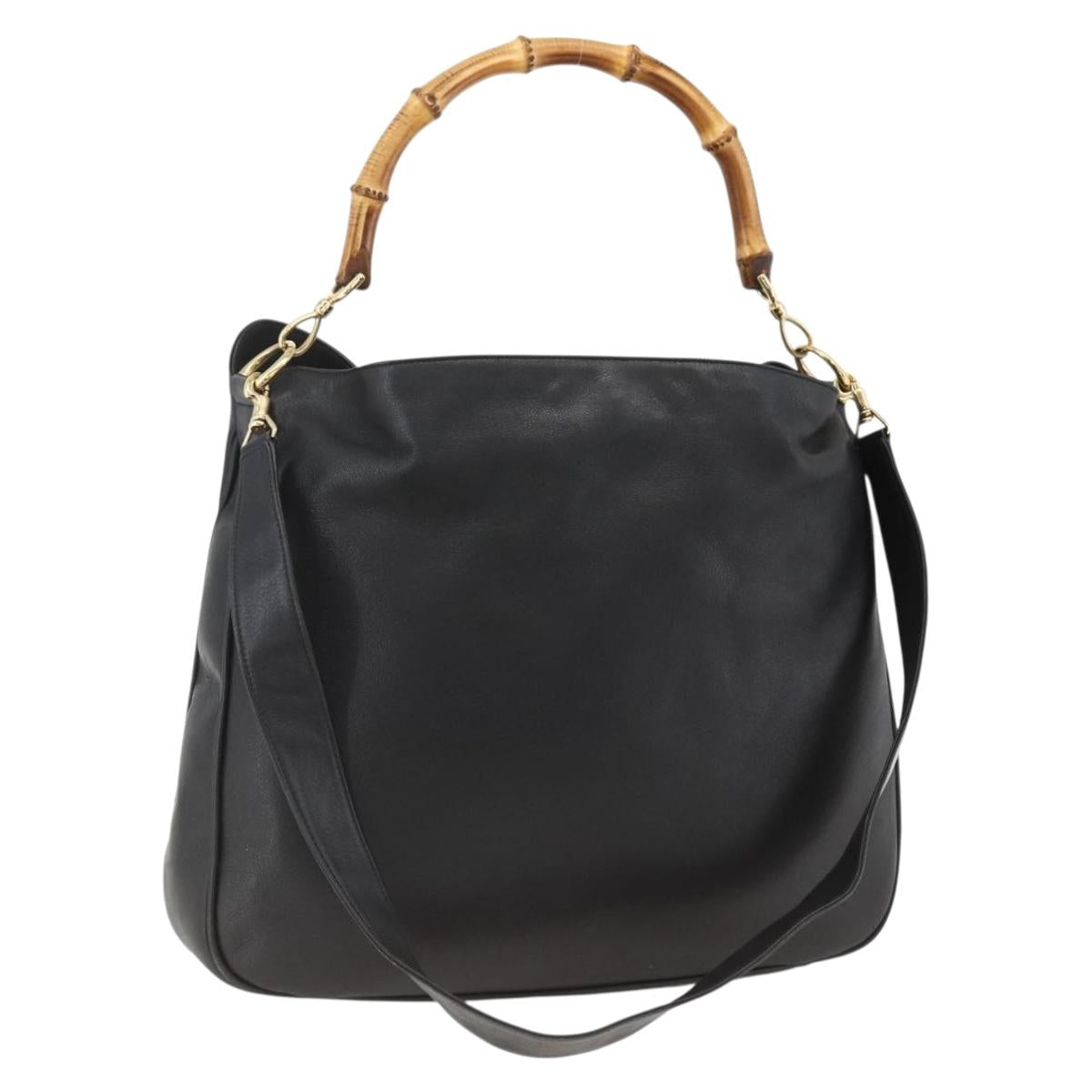 GUCCI Bamboo Shoulder Bag Leather 2way Black Gold 001 200182 1577 Auth BA11211