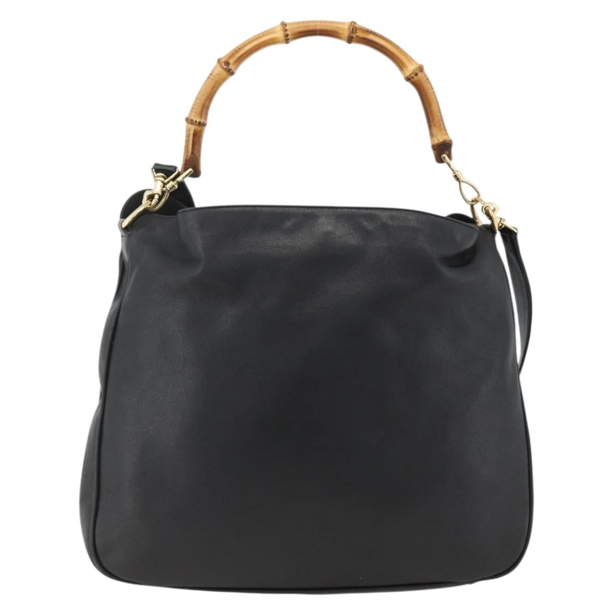 GUCCI Bamboo Shoulder Bag Leather 2way Black Gold 001 200182 1577 Auth BA11211