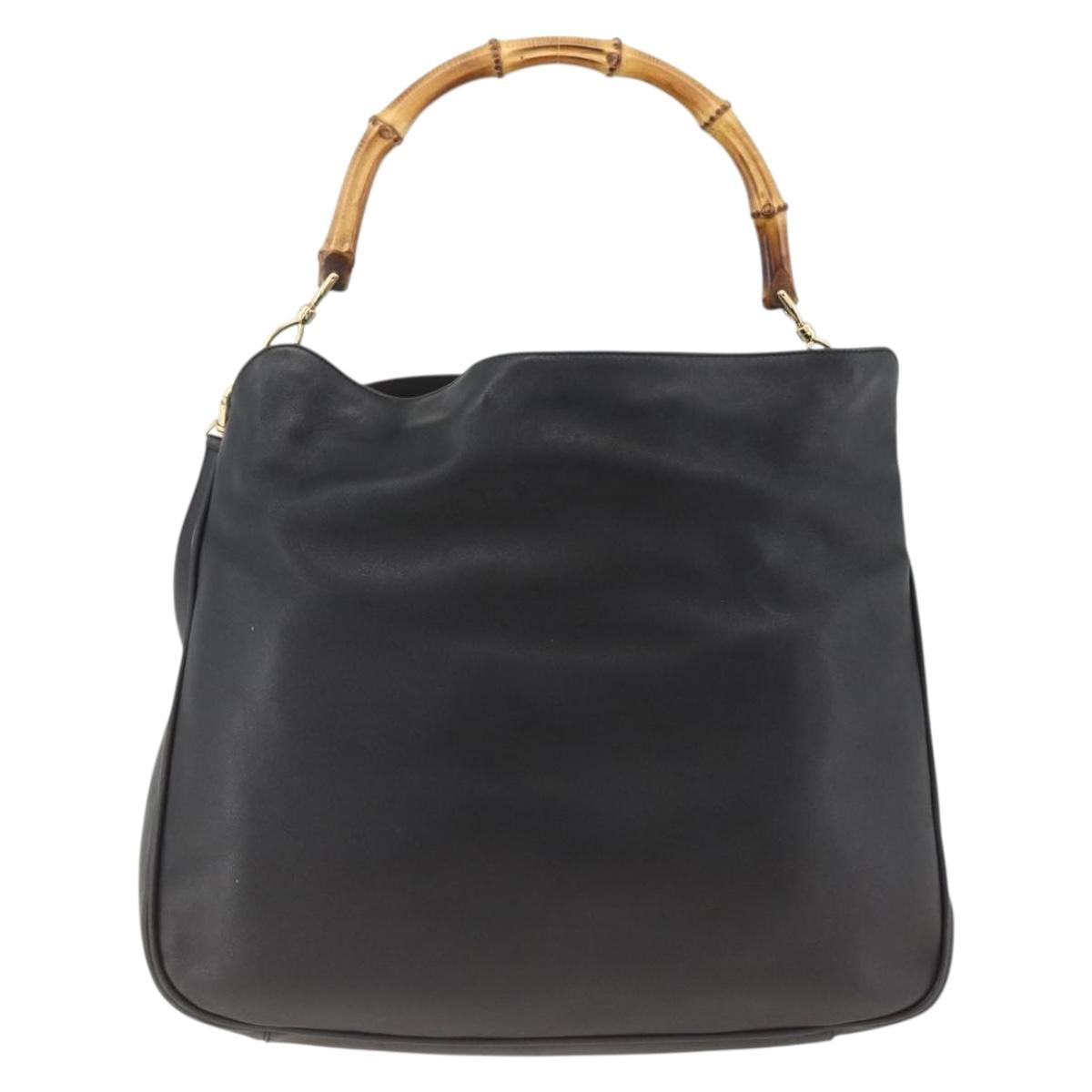GUCCI Bamboo Shoulder Bag Leather 2way Black Gold 001 200182 1577 Auth BA11211