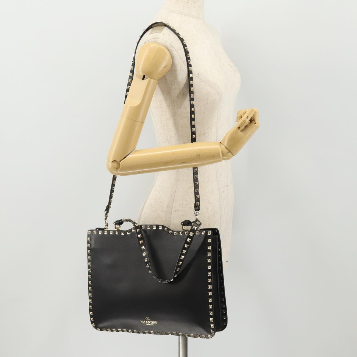VALENTINO Rock studs Shoulder Bag Leather Black Gold Auth BA11213A