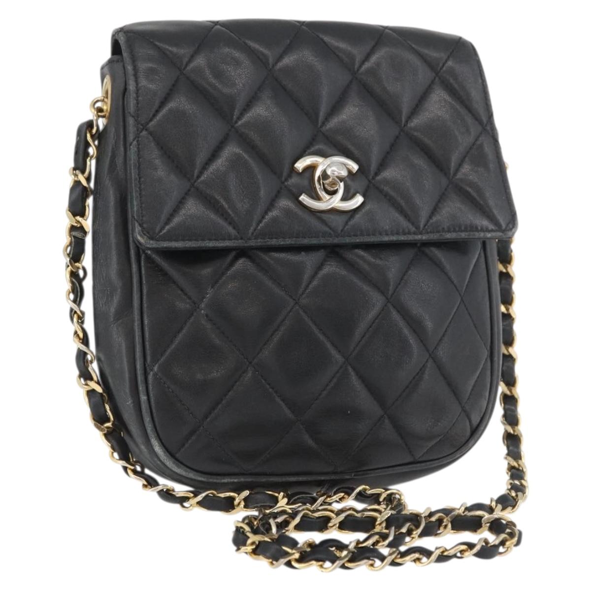 CHANEL Matelasse Chain Shoulder Bag Lamb Skin Black Gold CC Auth BA11216