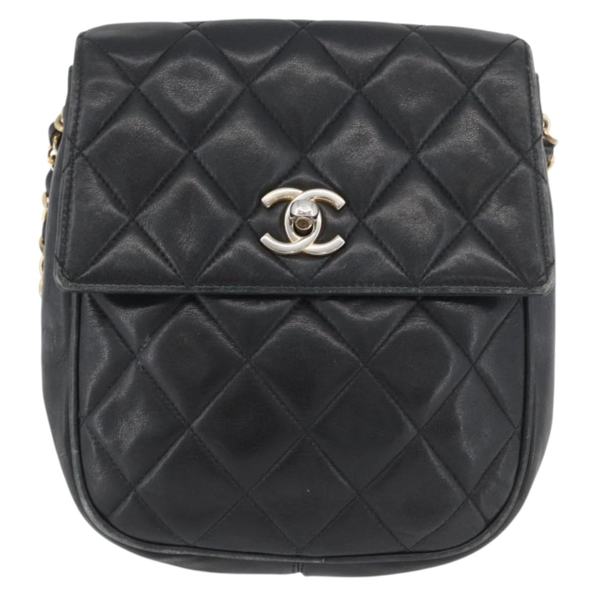 CHANEL Matelasse Chain Shoulder Bag Lamb Skin Black Gold CC Auth BA11216