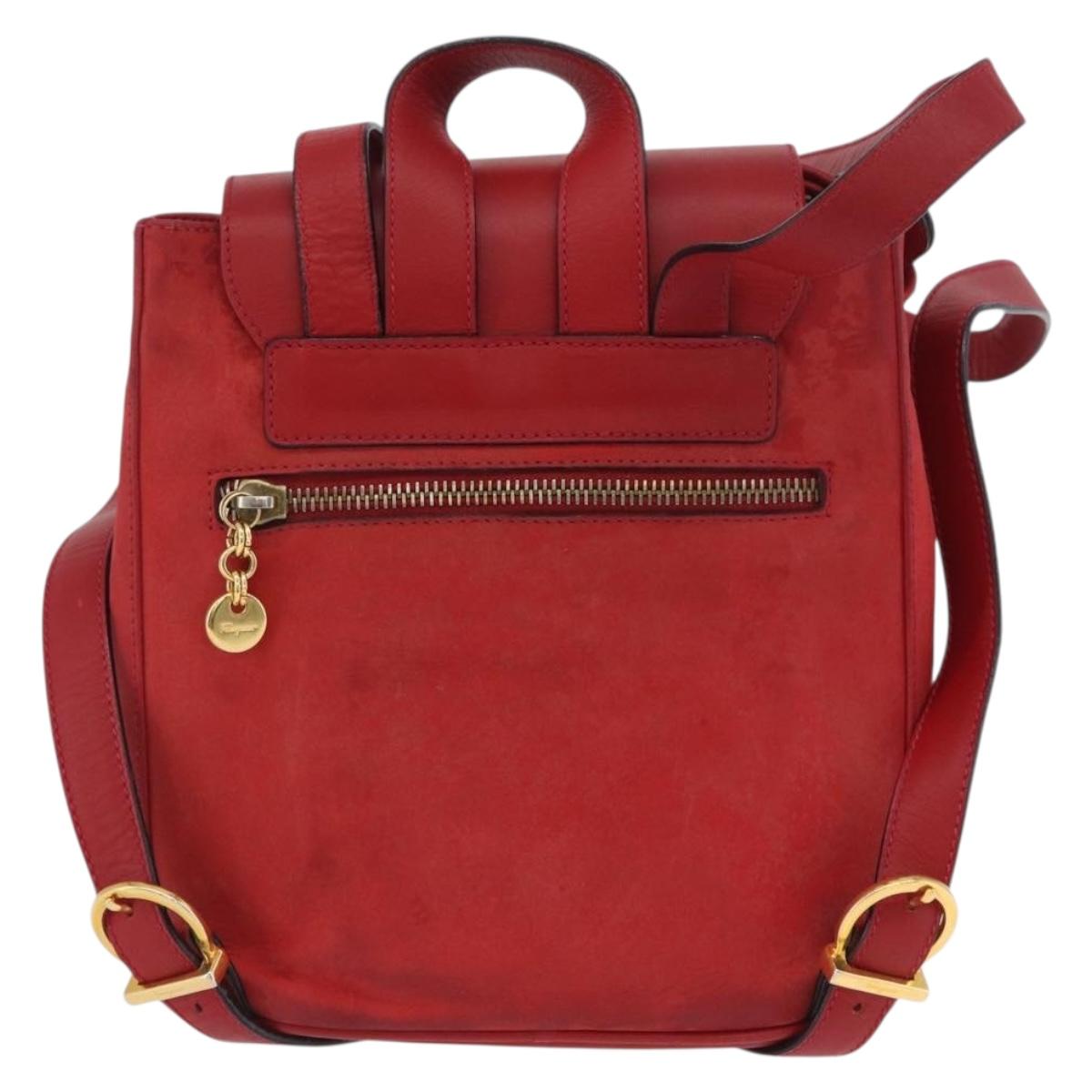 Salvatore Ferragamo Vala Backpack Suede Red Gold Auth BA11218