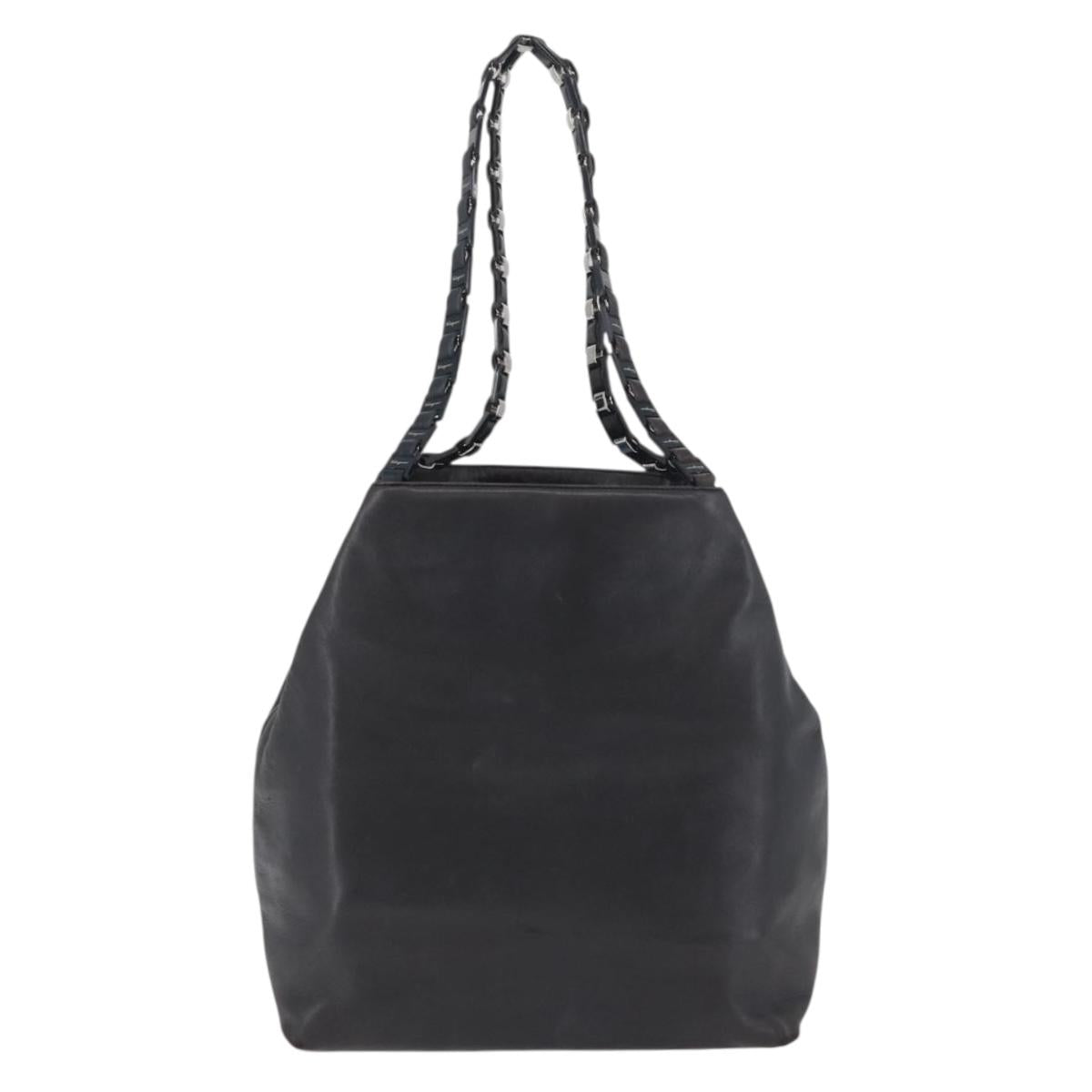 Salvatore Ferragamo Vala Chain Shoulder Bag Leather Black Silver Auth BA11227