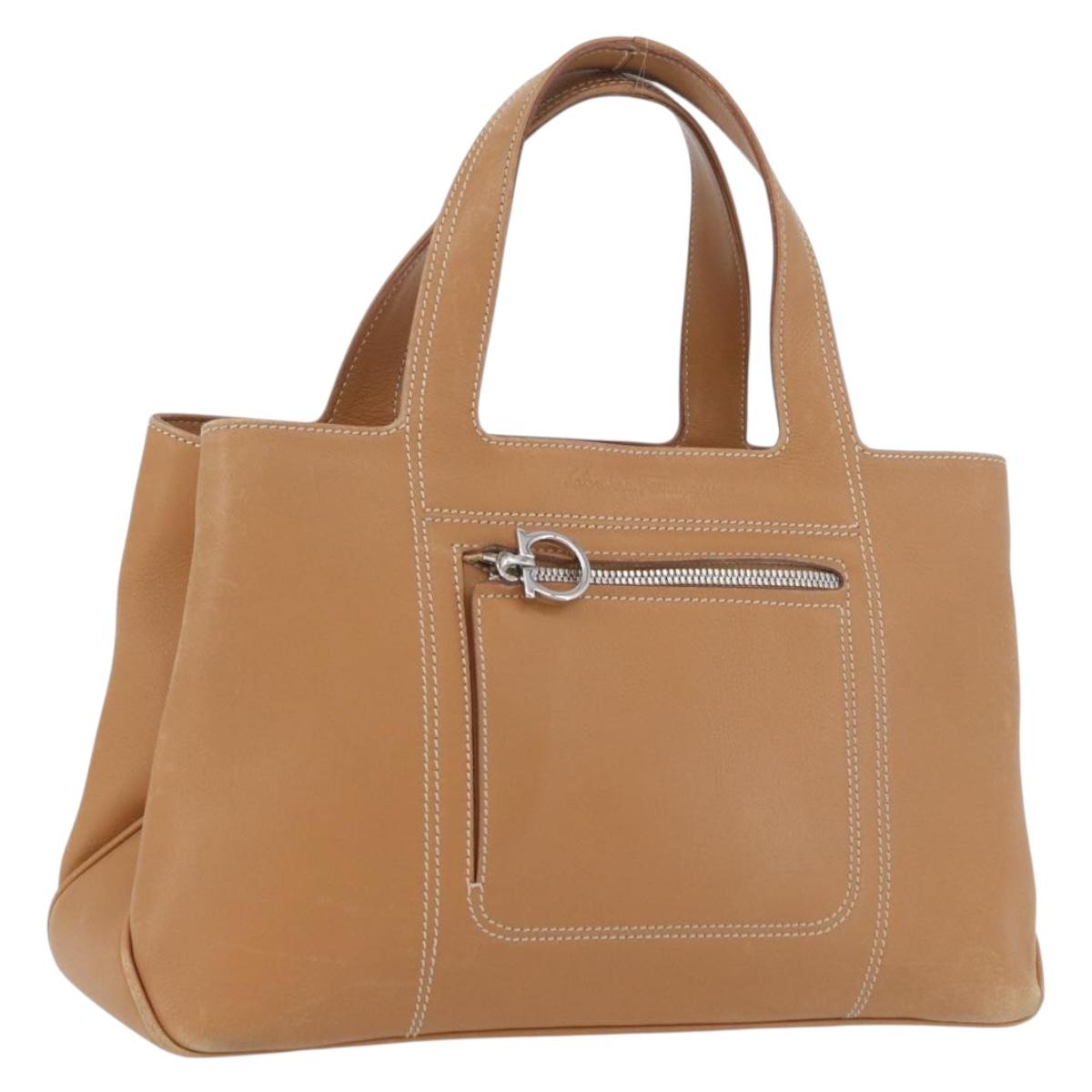 Salvatore Ferragamo Hand Bag Leather Beige Silver Auth BA11228