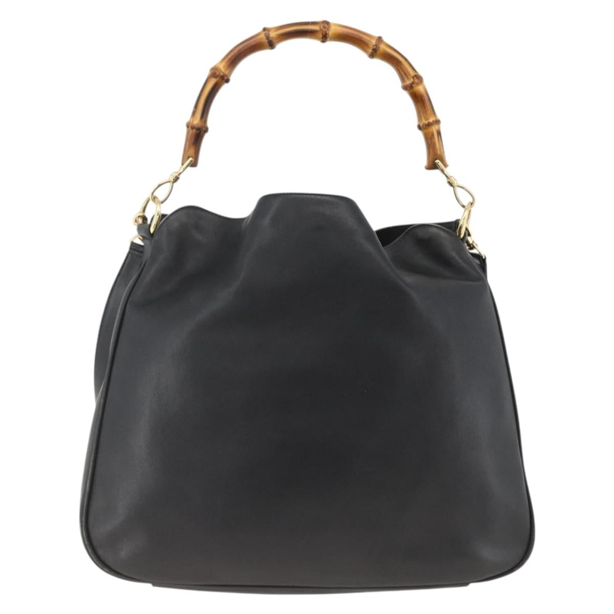 GUCCI Bamboo Shoulder Bag Leather 2way Black Gold 001 1577 Auth BA11229