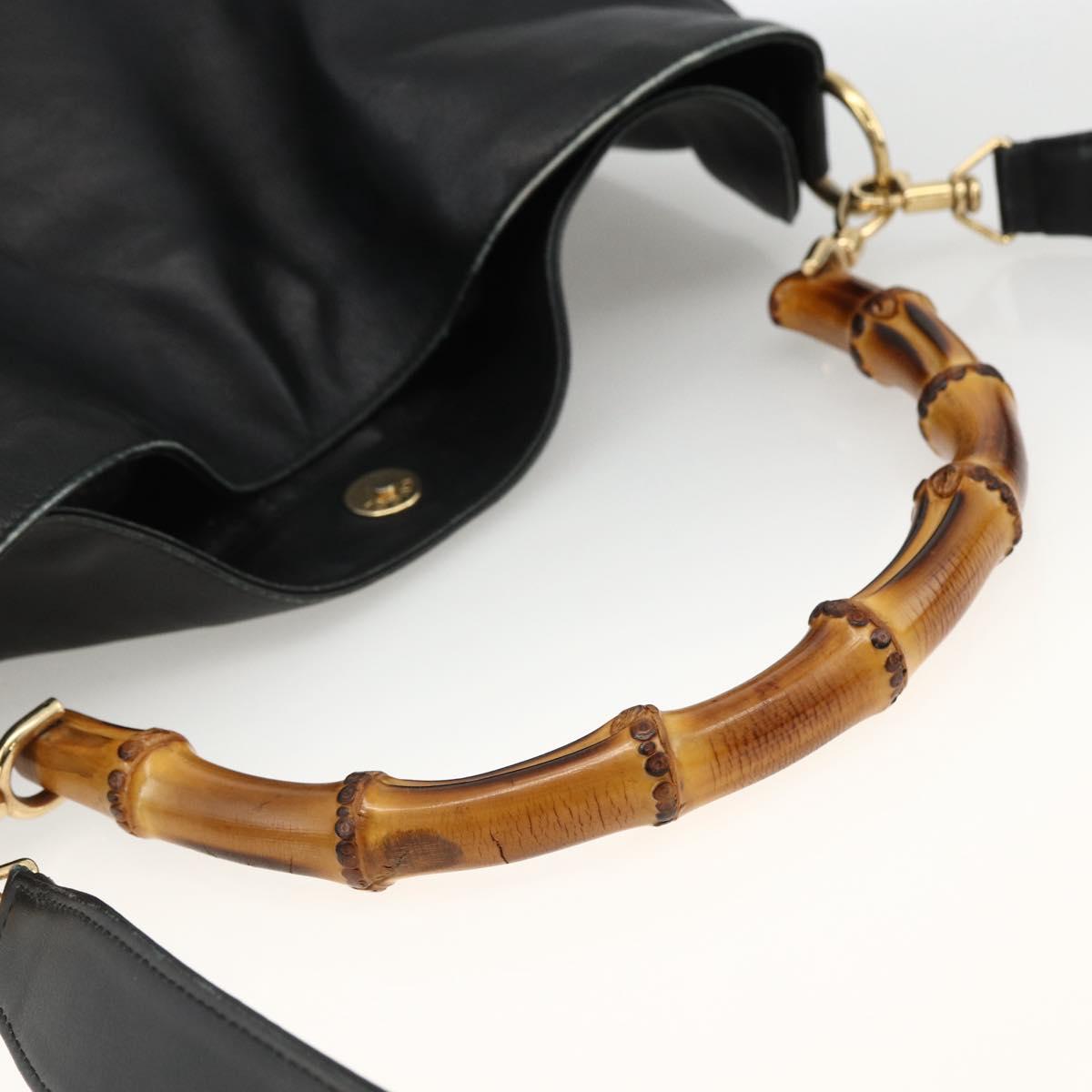 GUCCI Bamboo Shoulder Bag Leather 2way Black Gold 001 1577 Auth BA11229