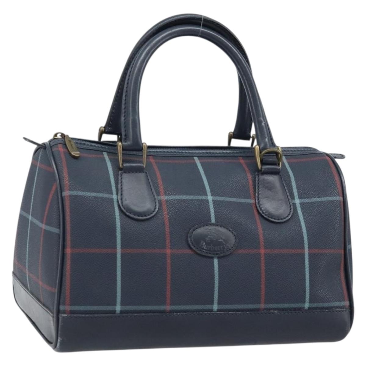 Burberrys Nova Check Boston Bag PVC Navy Gold Auth BA11232