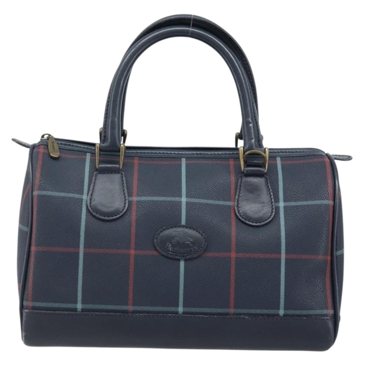 Burberrys Nova Check Boston Bag PVC Navy Gold Auth BA11232