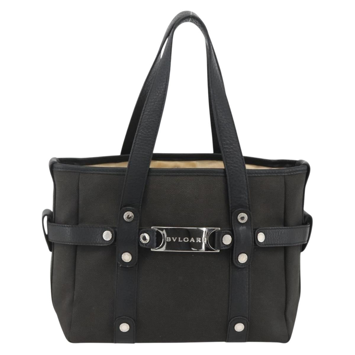 BVLGARI Hand Bag Canvas Leather Black Silver Auth BA11246