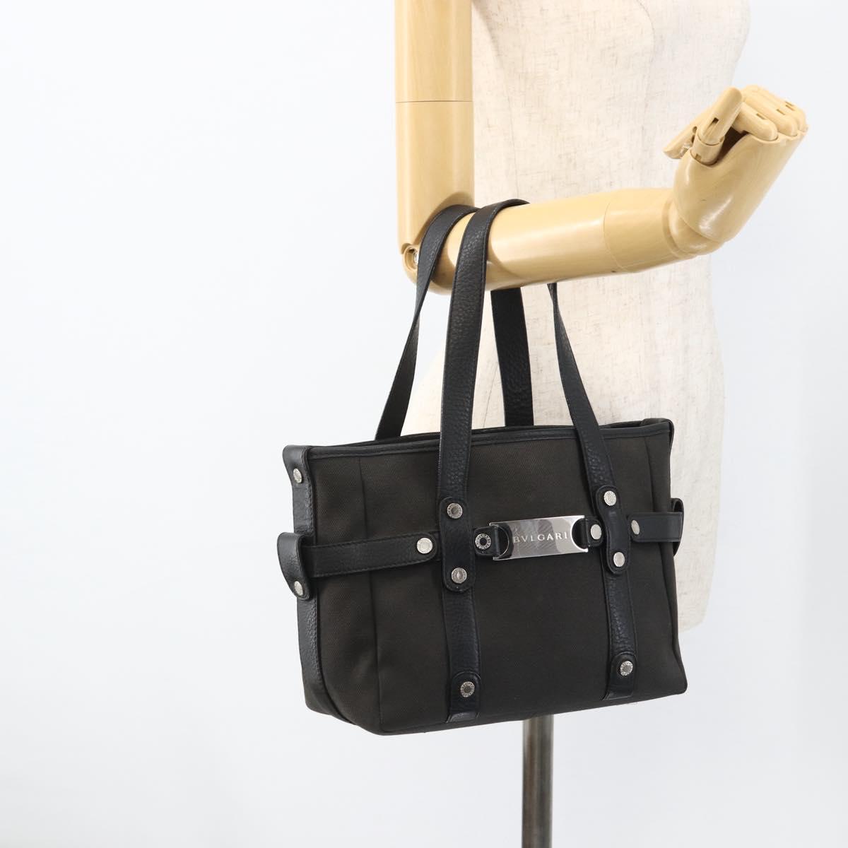 BVLGARI Hand Bag Canvas Leather Black Silver Auth BA11246