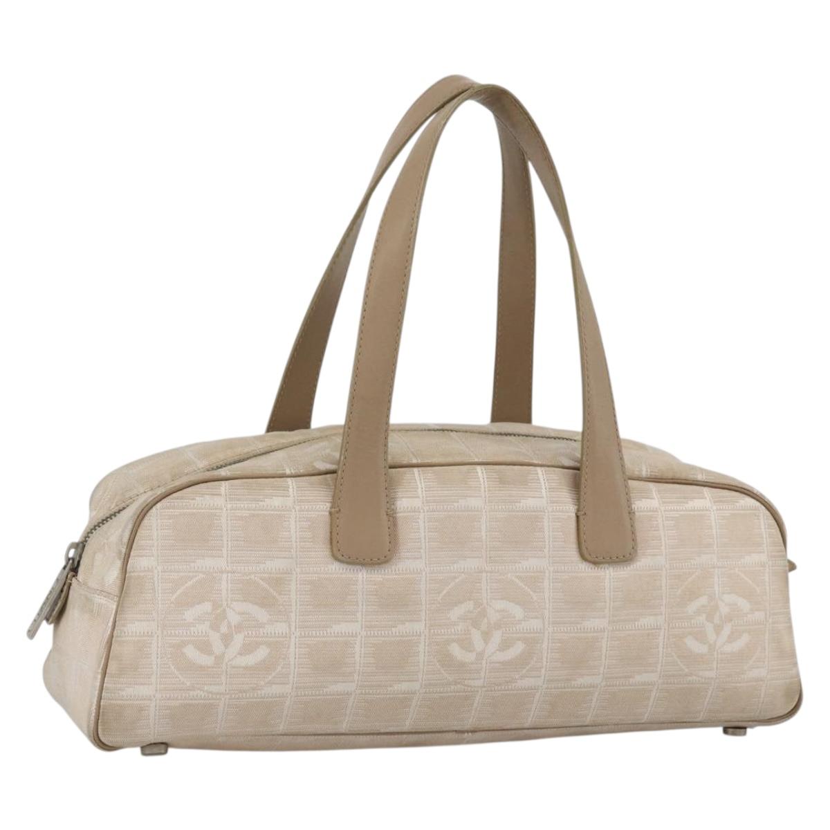 CHANEL New Travel Line Hand Bag Nylon Beige Gold CC Auth BA11253