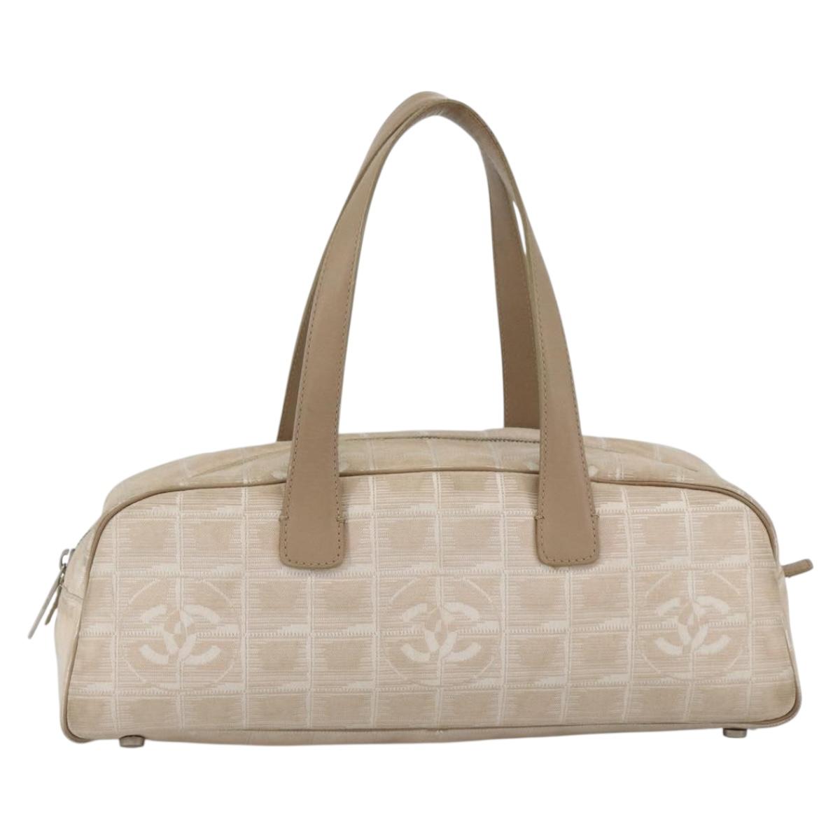 CHANEL New Travel Line Hand Bag Nylon Beige Gold CC Auth BA11253