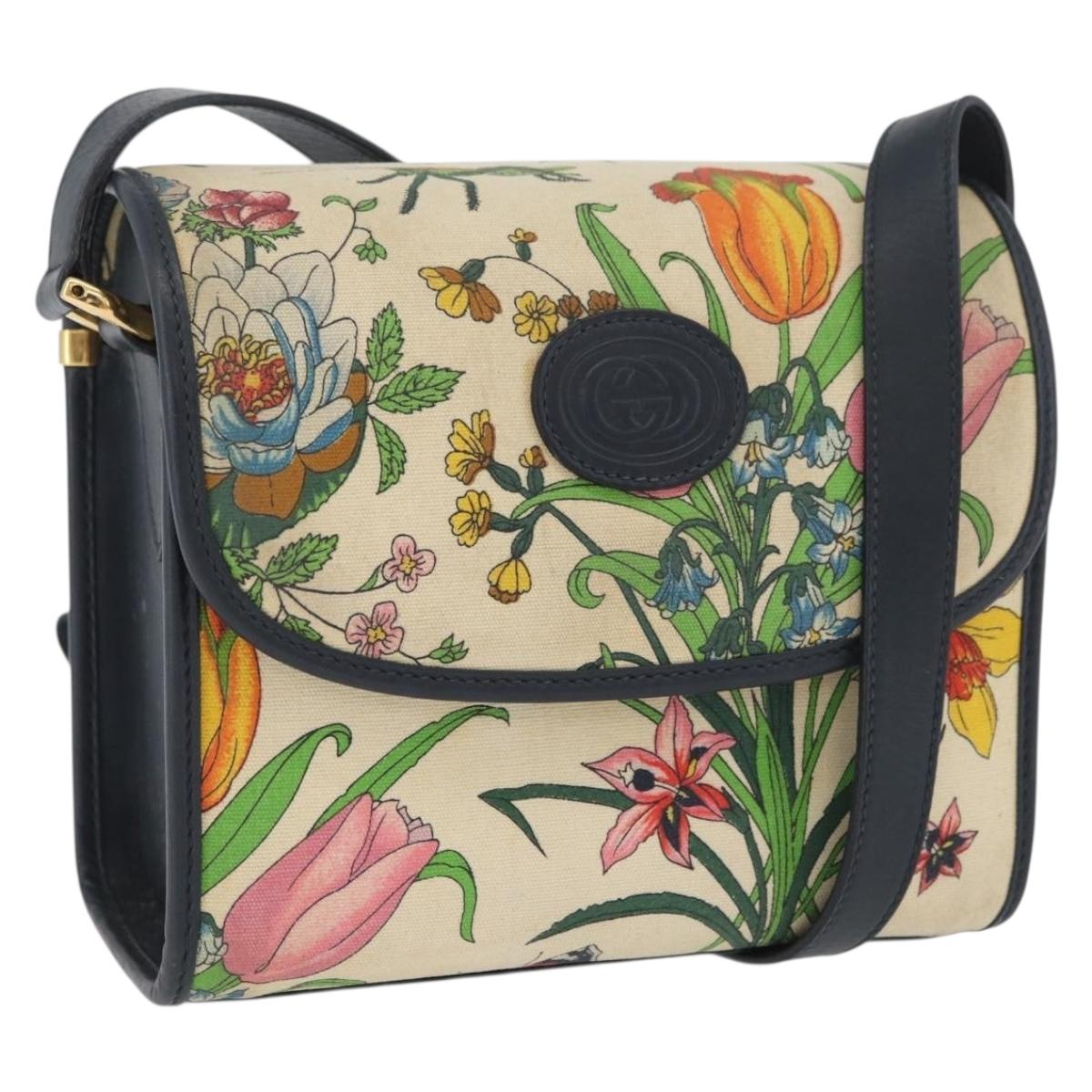 GUCCI Flora Shoulder Bag Canvas Leather White Navy gold Auth BA11262