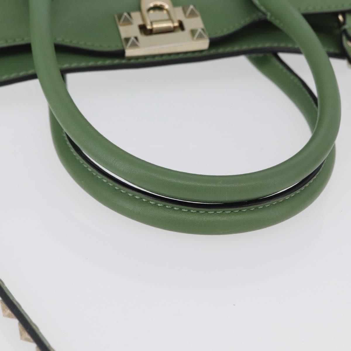 VALENTINO Rock Studs Hand Bag Leather 2way Green Gold Auth BA11265
