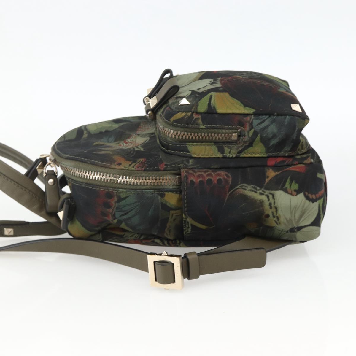 VALENTINO Backpack Nylon Khaki Champagne Gold Auth BA11275