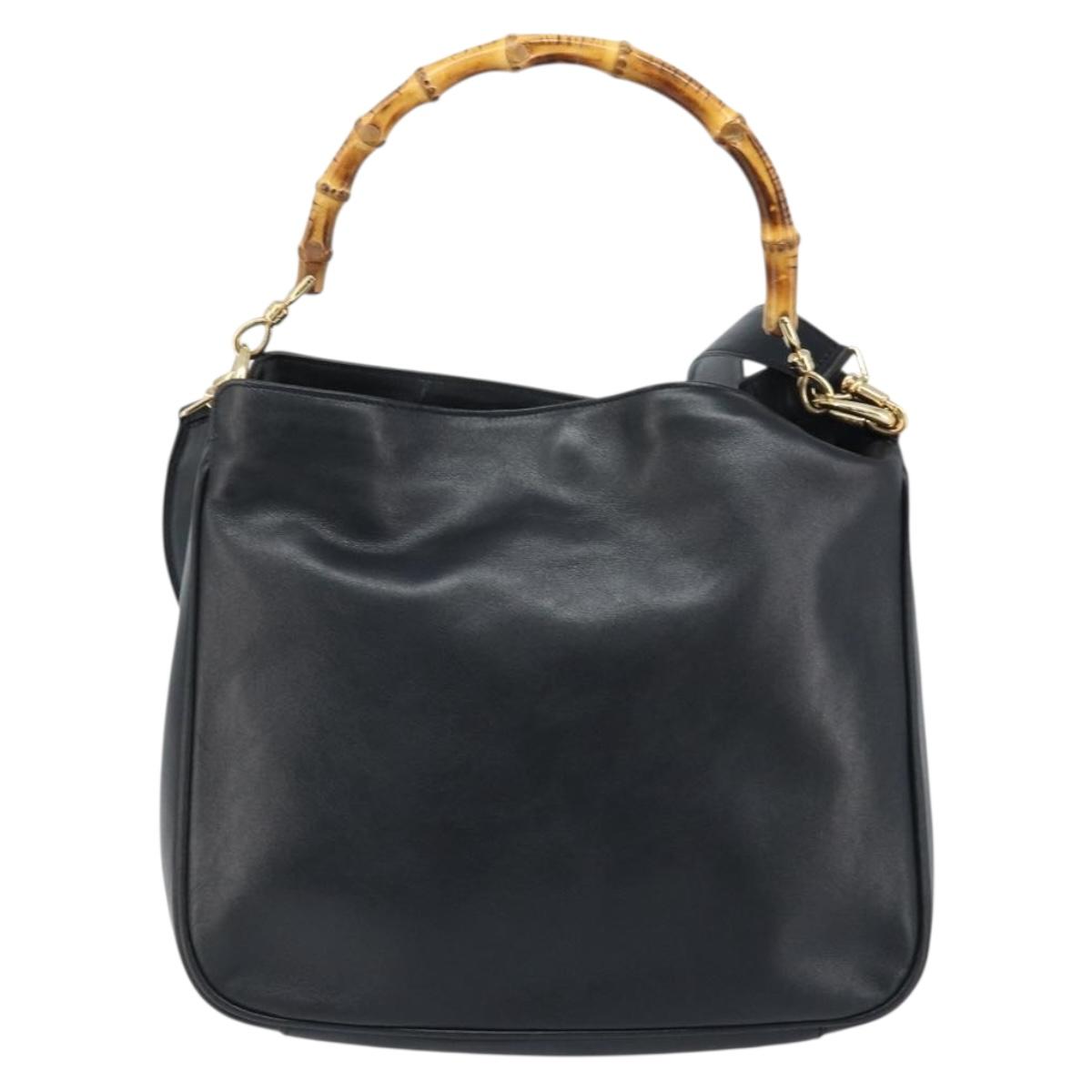 GUCCI Bamboo Shoulder Bag Leather 2way Black Gold 001 0166 1638 Auth BA11278