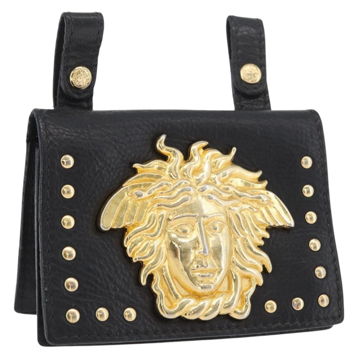 Gianni Versace Belt Pouch Leather Black Gold Auth BA11338