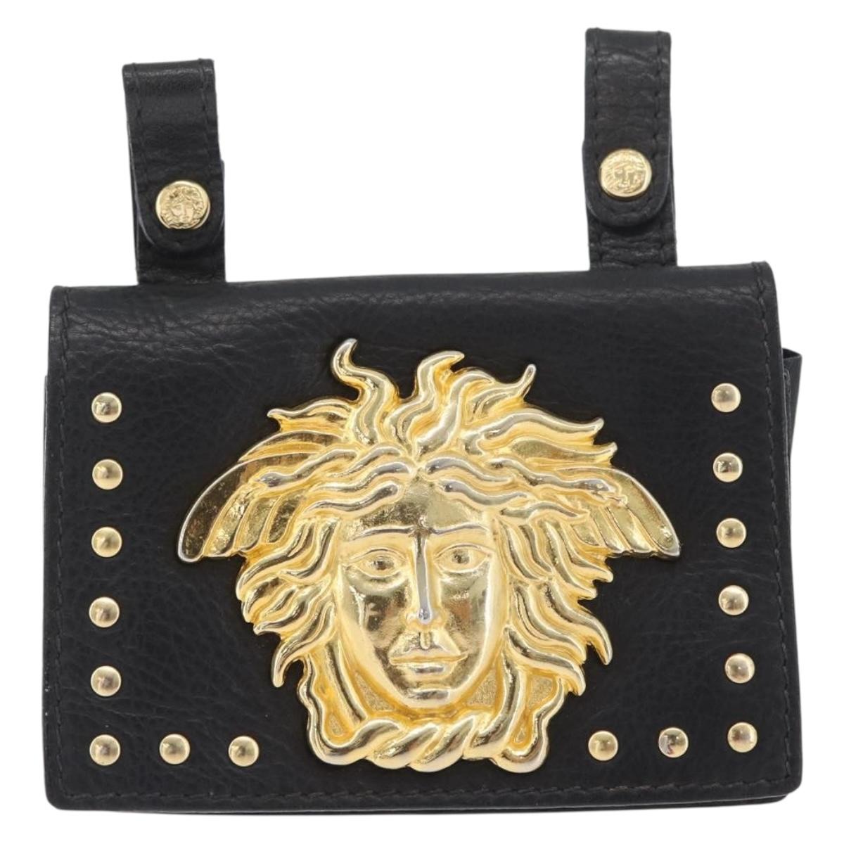 Gianni Versace Belt Pouch Leather Black Gold Auth BA11338