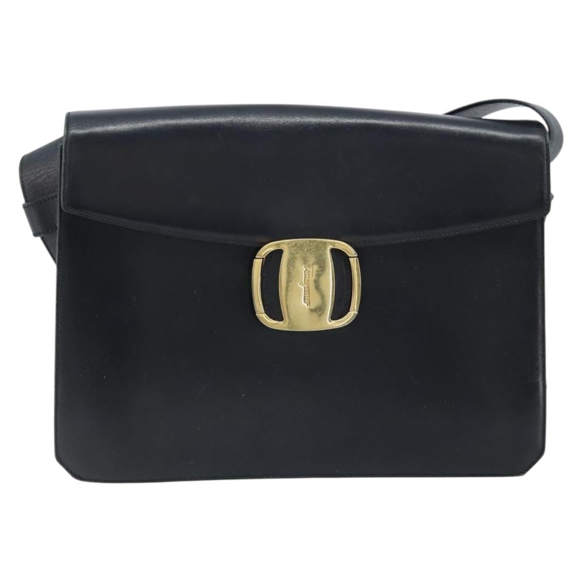 Salvatore Ferragamo Vala Shoulder Bag Leather Black Gold Auth BA11344