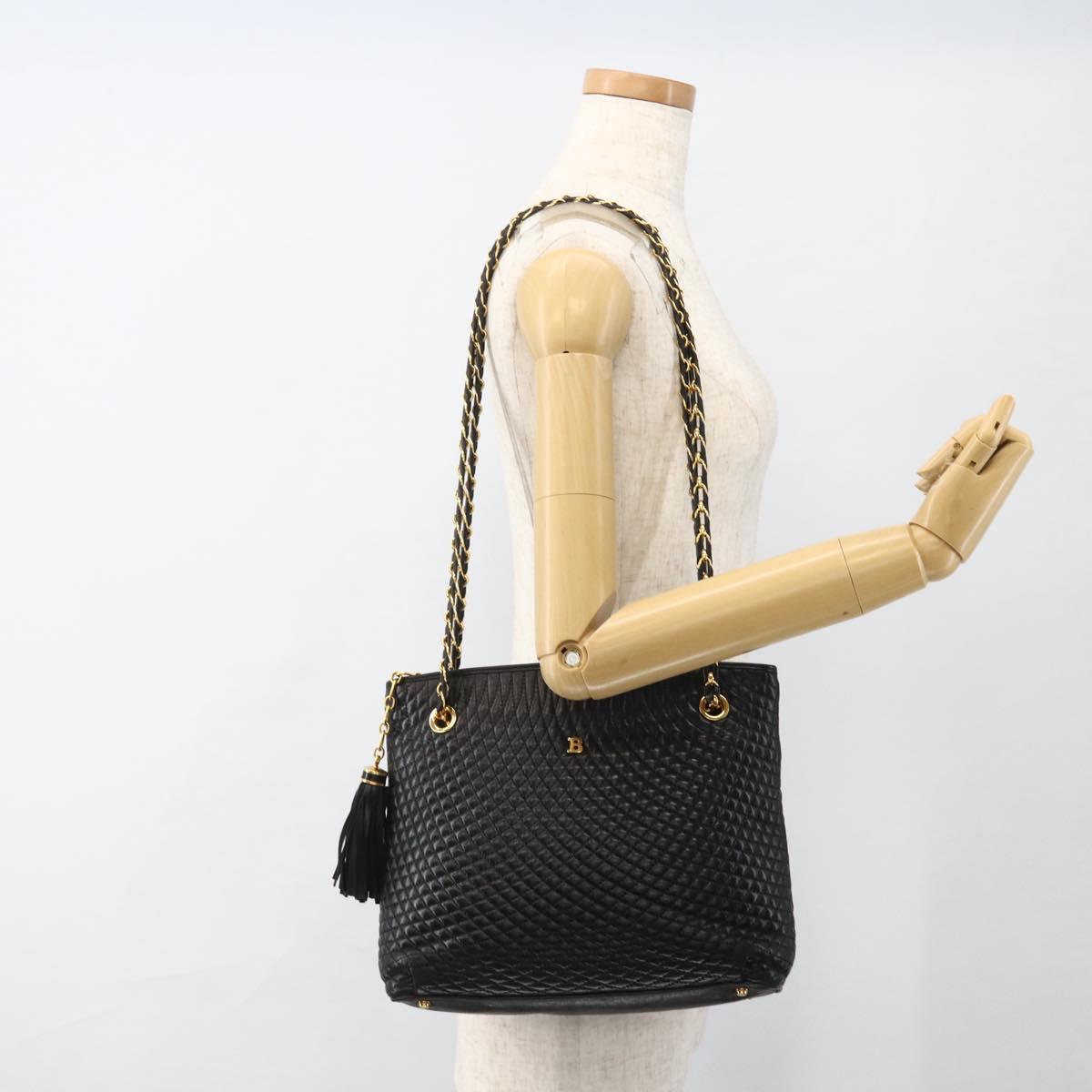 BALLY Quilted Chain Shoulder Bag Leather Black Gold Auth BA11359