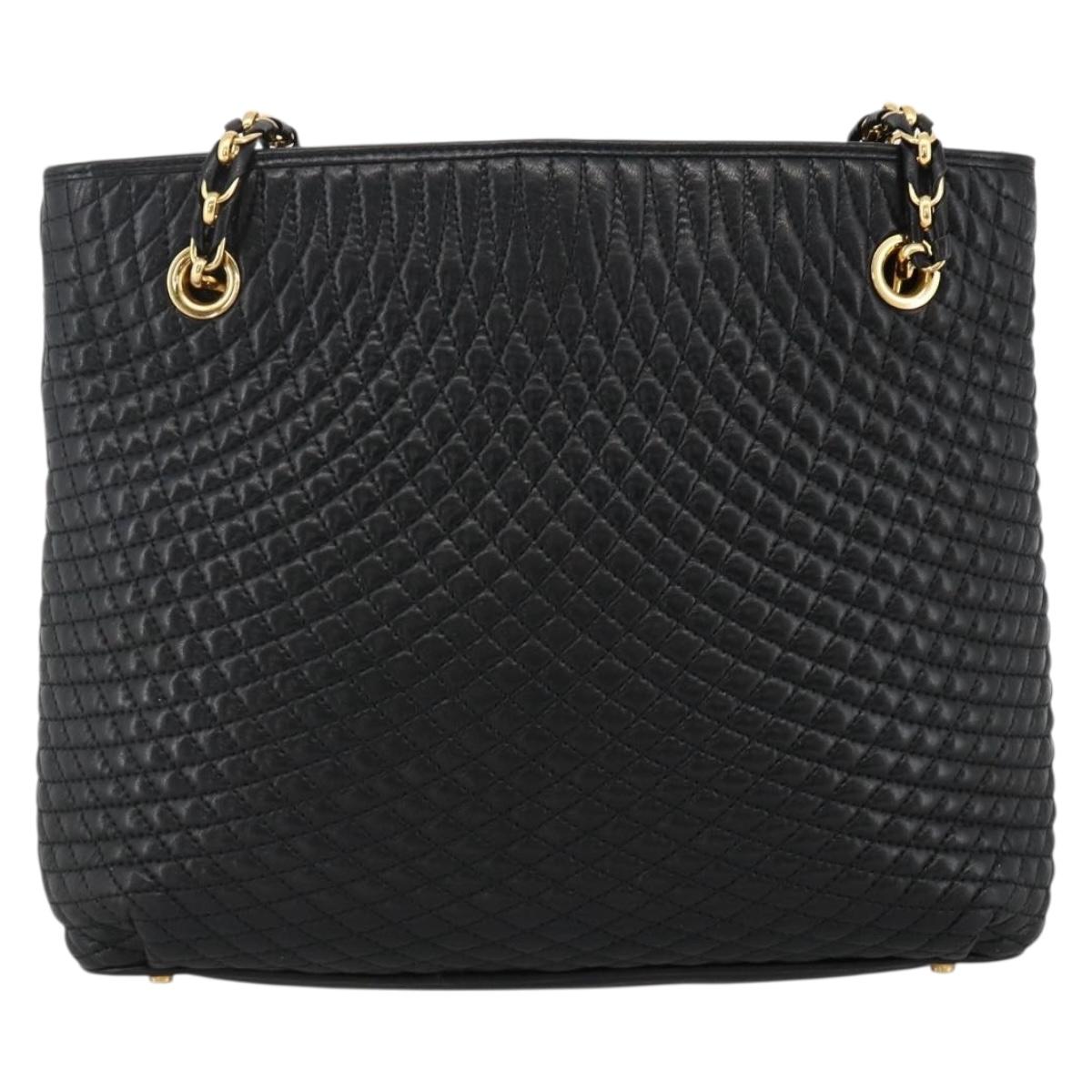 BALLY Quilted Chain Shoulder Bag Leather Black Gold Auth BA11359