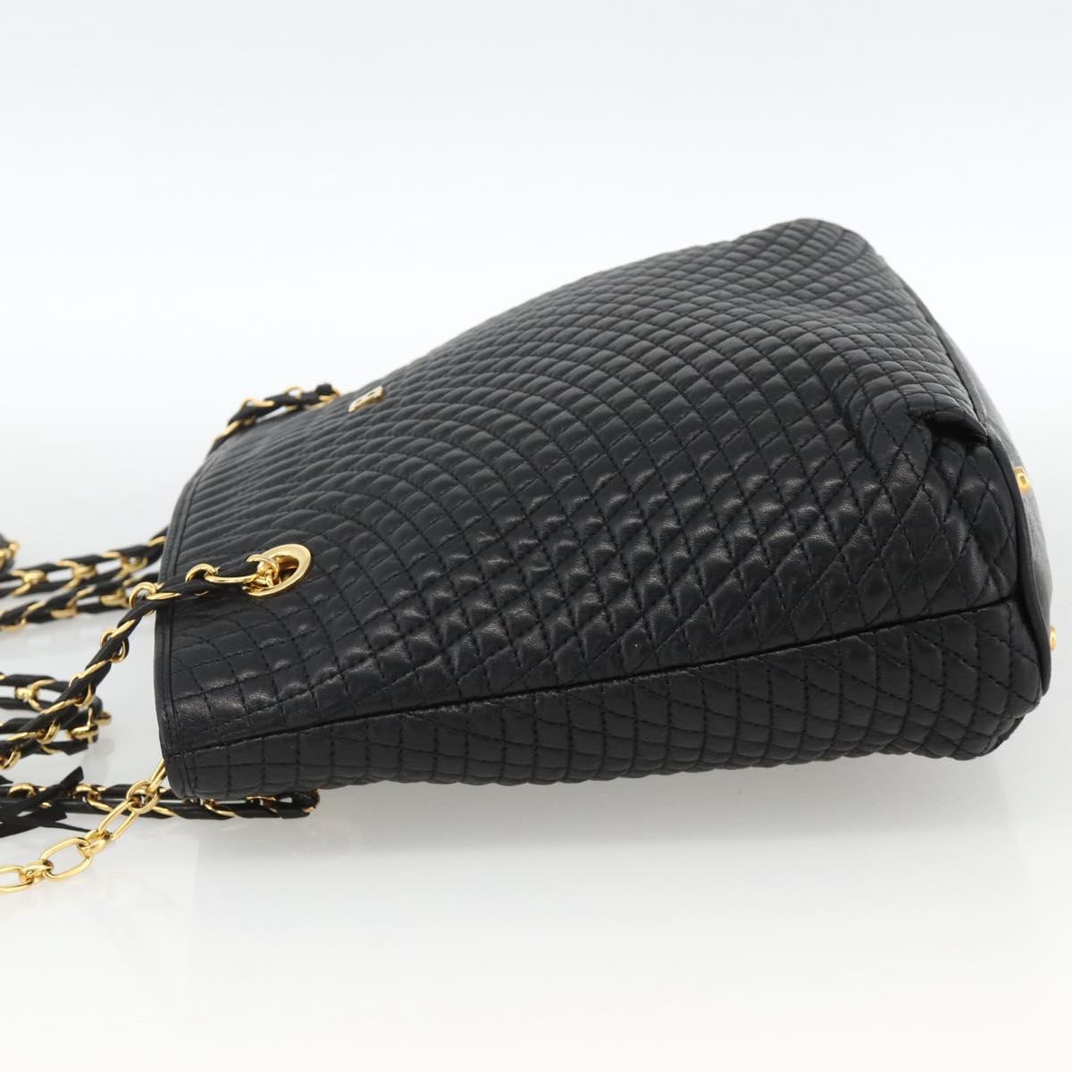 BALLY Quilted Chain Shoulder Bag Leather Black Gold Auth BA11359