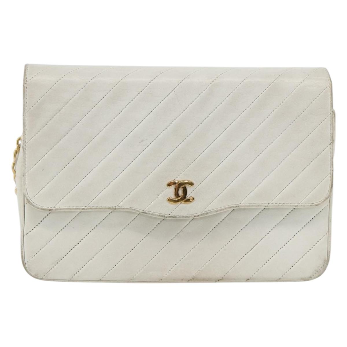 CHANEL Matelasse Chain Shoulder Bag Lamb Skin White Gold CC Auth BA11362A