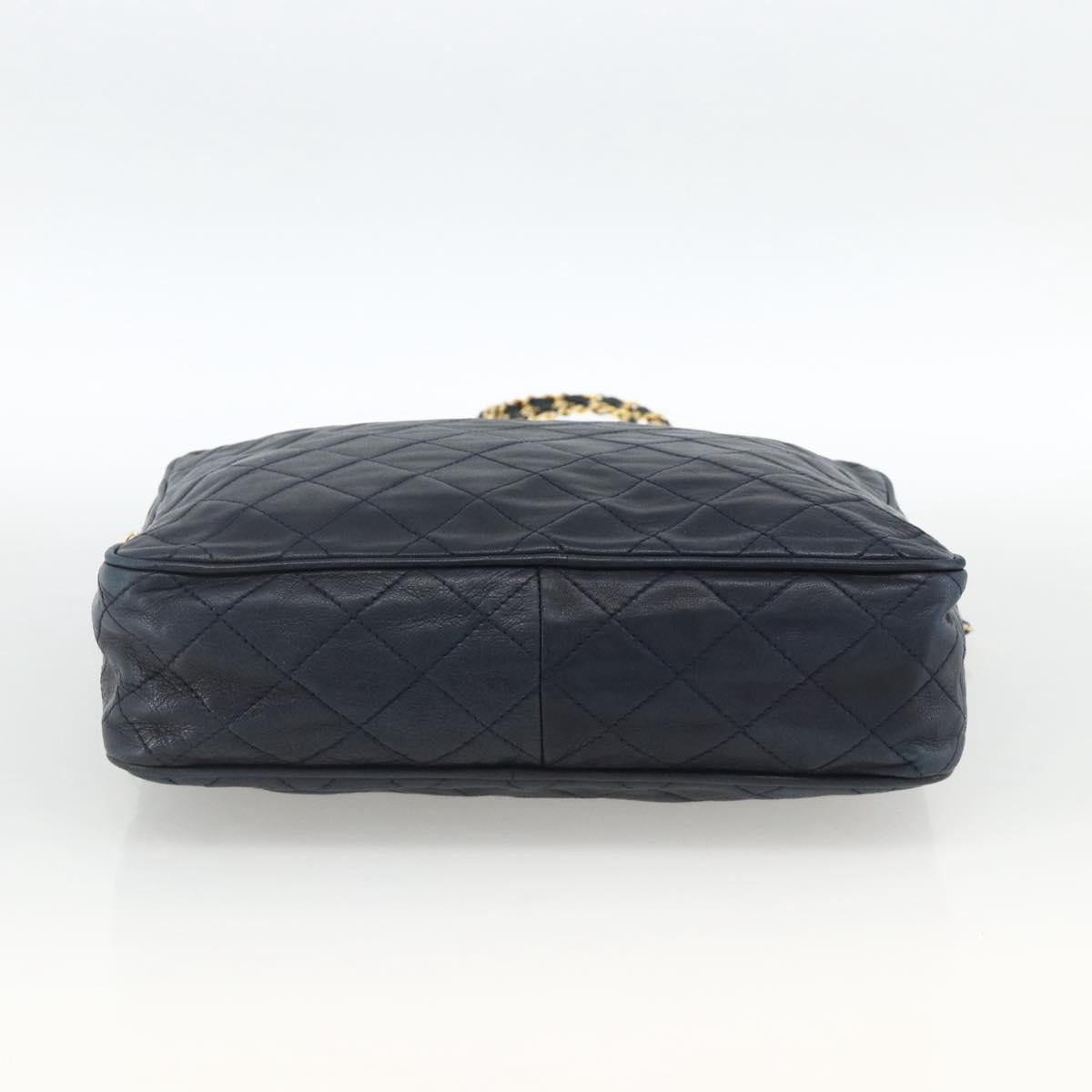 CHANEL Matelasse Chain Shoulder Bag Lamb Skin Navy Gold CC Auth BA11369