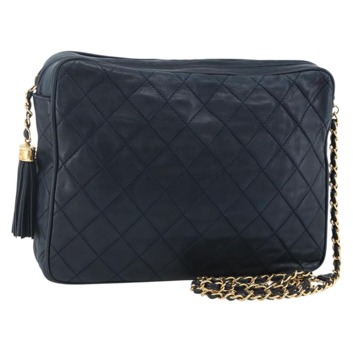 CHANEL Matelasse Chain Shoulder Bag Lamb Skin Navy Gold CC Auth BA11369