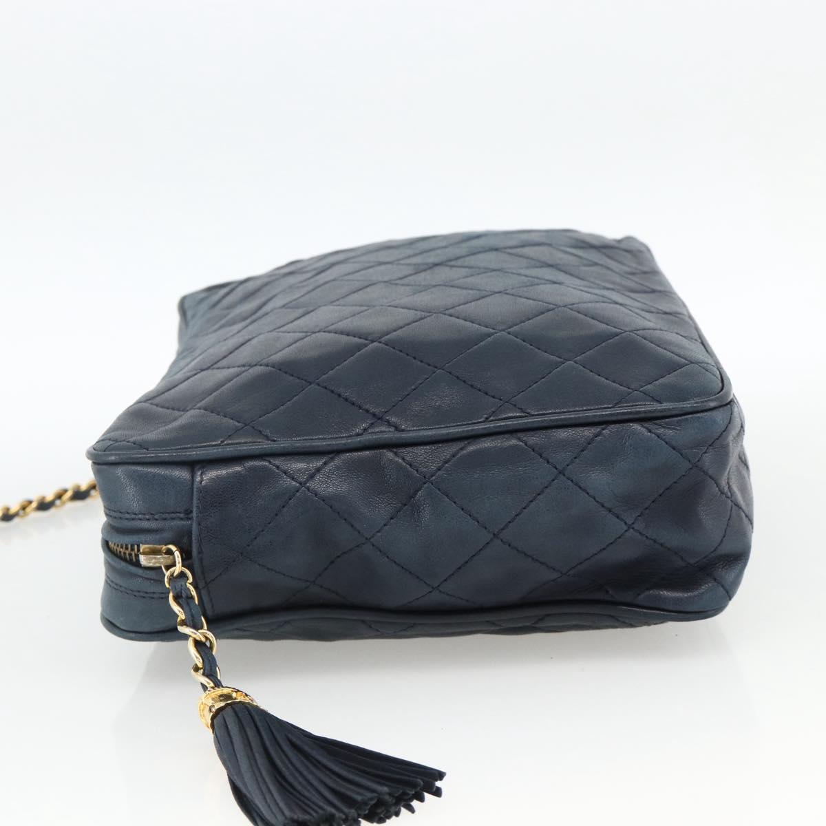 CHANEL Matelasse Chain Shoulder Bag Lamb Skin Navy Gold CC Auth BA11369