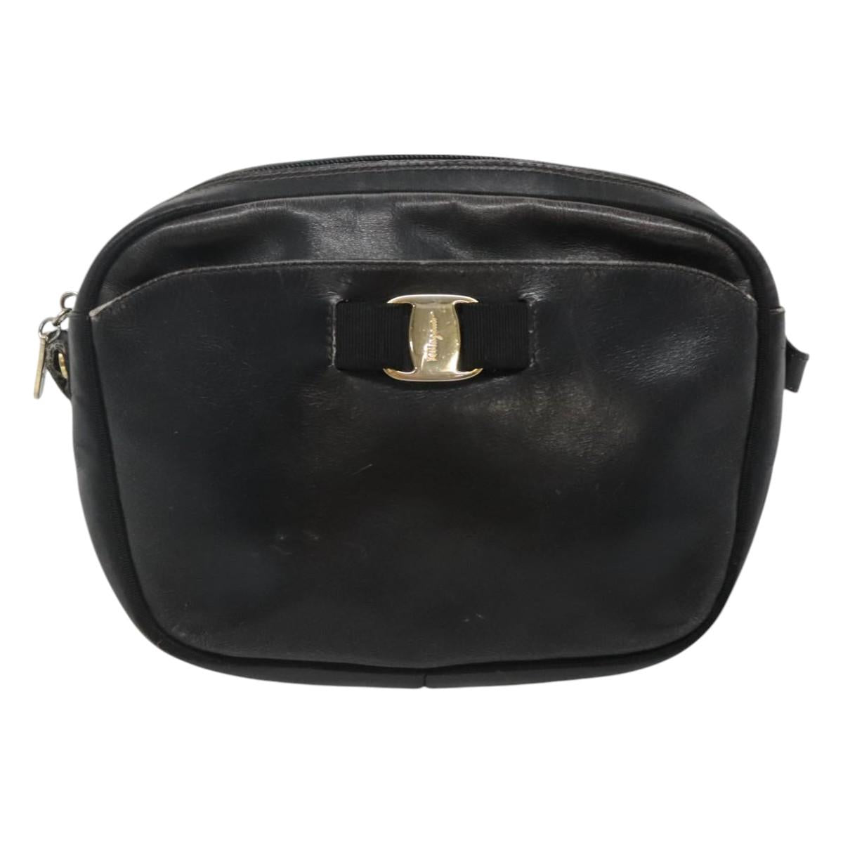 Salvatore Ferragamo Shoulder Bag Leather Black Gold Auth BA1137