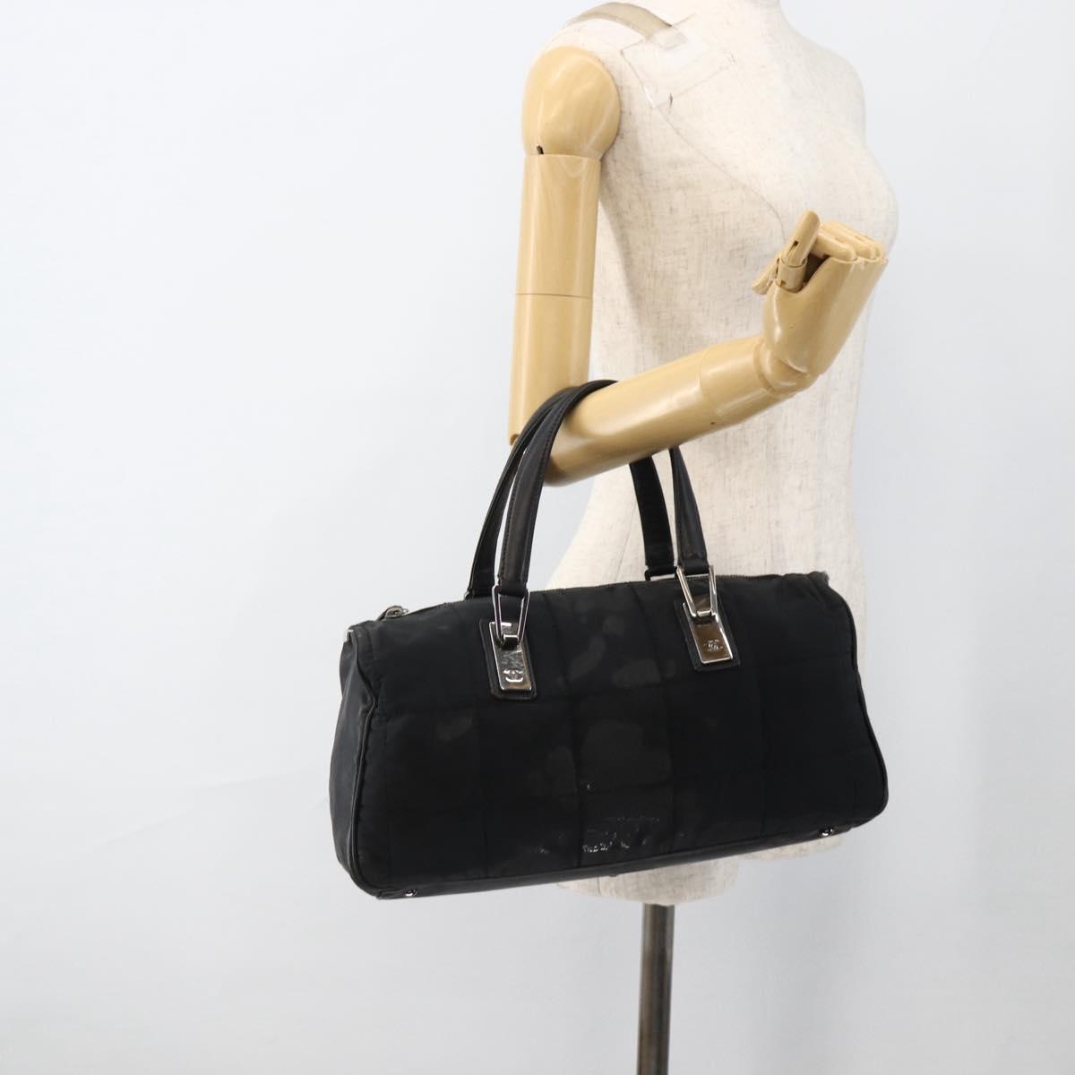 CHANEL Choco Bar Hand Bag Nylon Black Silver CC Auth BA11373