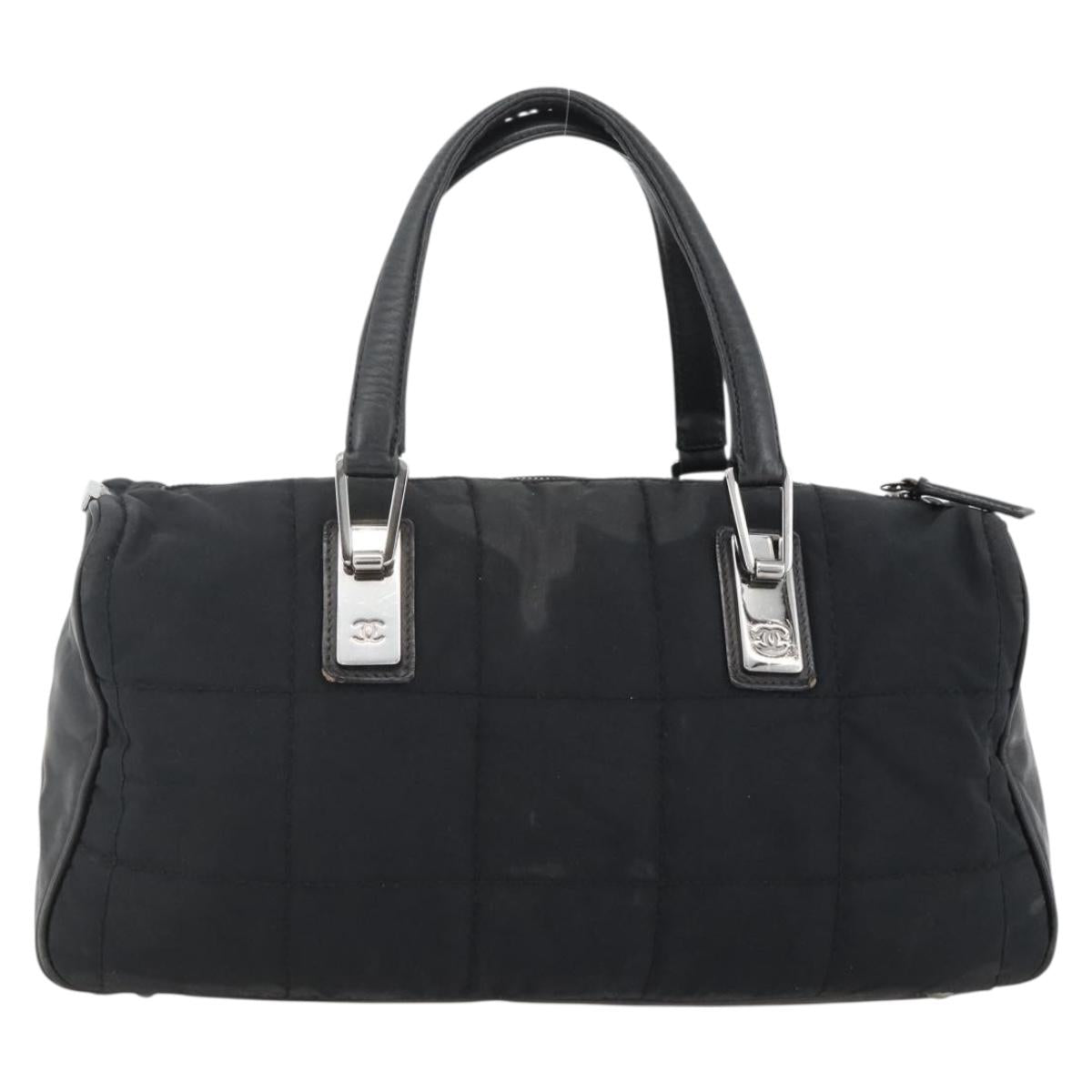 CHANEL Choco Bar Hand Bag Nylon Black Silver CC Auth BA11373
