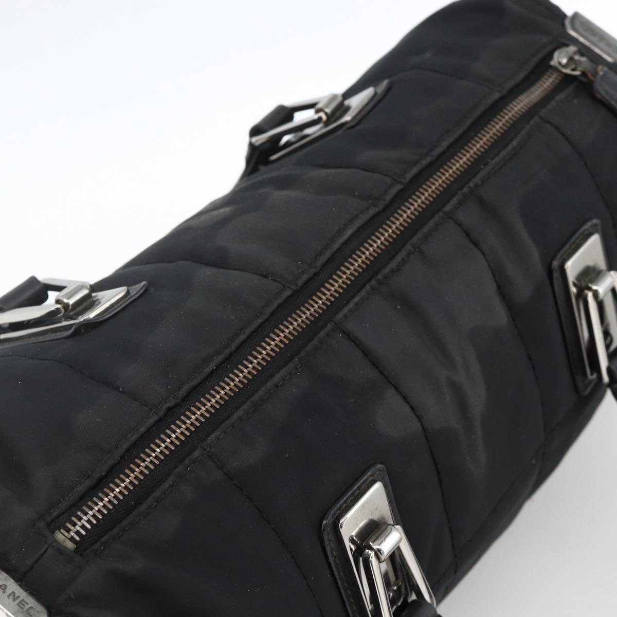CHANEL Choco Bar Hand Bag Nylon Black Silver CC Auth BA11373