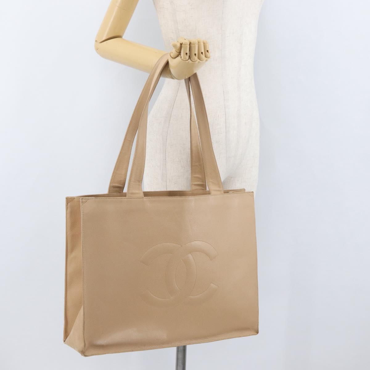 CHANEL Tote Bag Caviar Skin Beige Gold CC Auth BA11375A