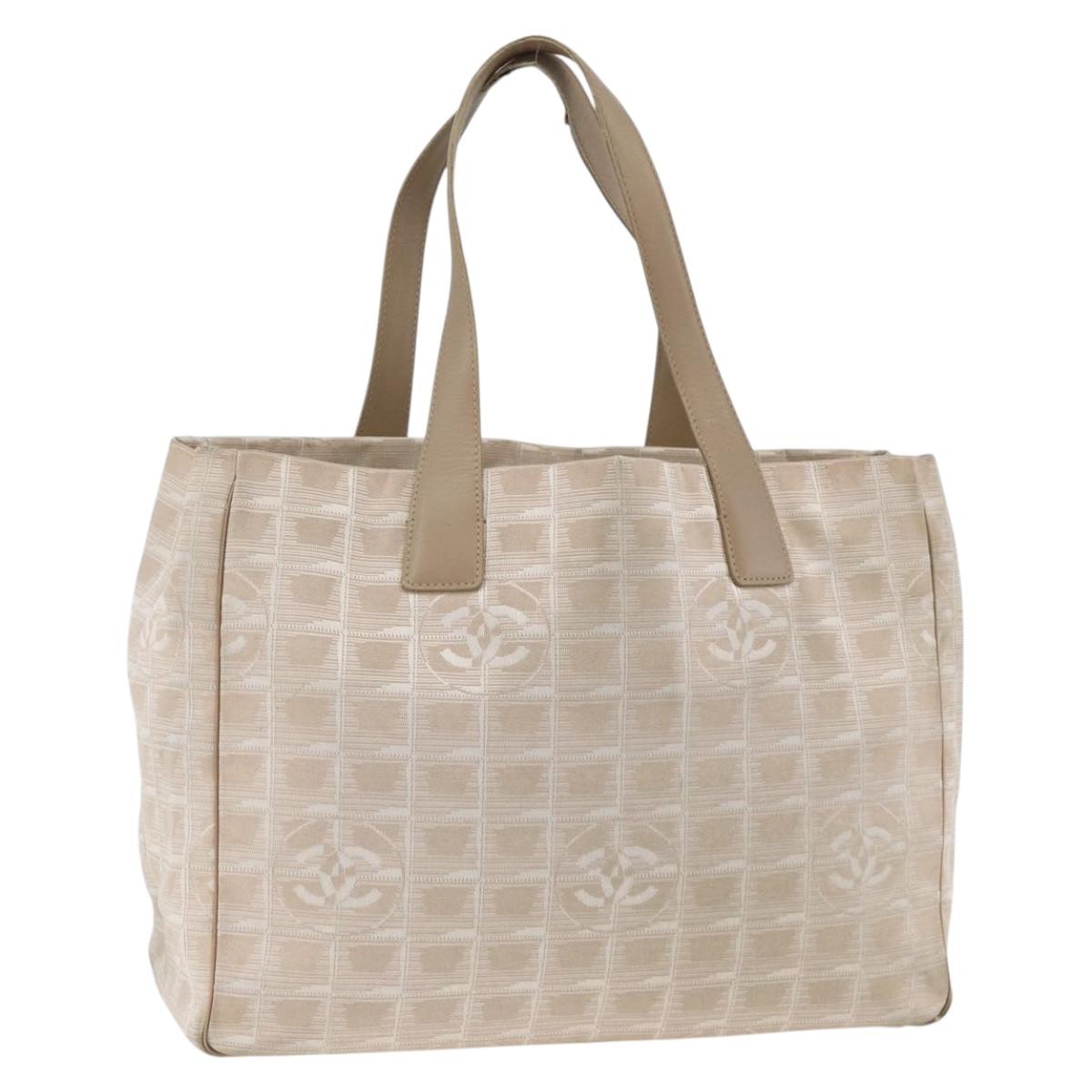 CHANEL New Travel Line Tote Bag Nylon Beige Silver CC Auth BA11399
