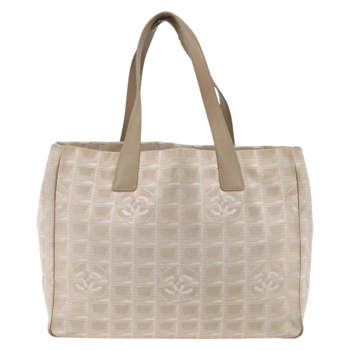 CHANEL New Travel Line Tote Bag Nylon Beige Silver CC Auth BA11399