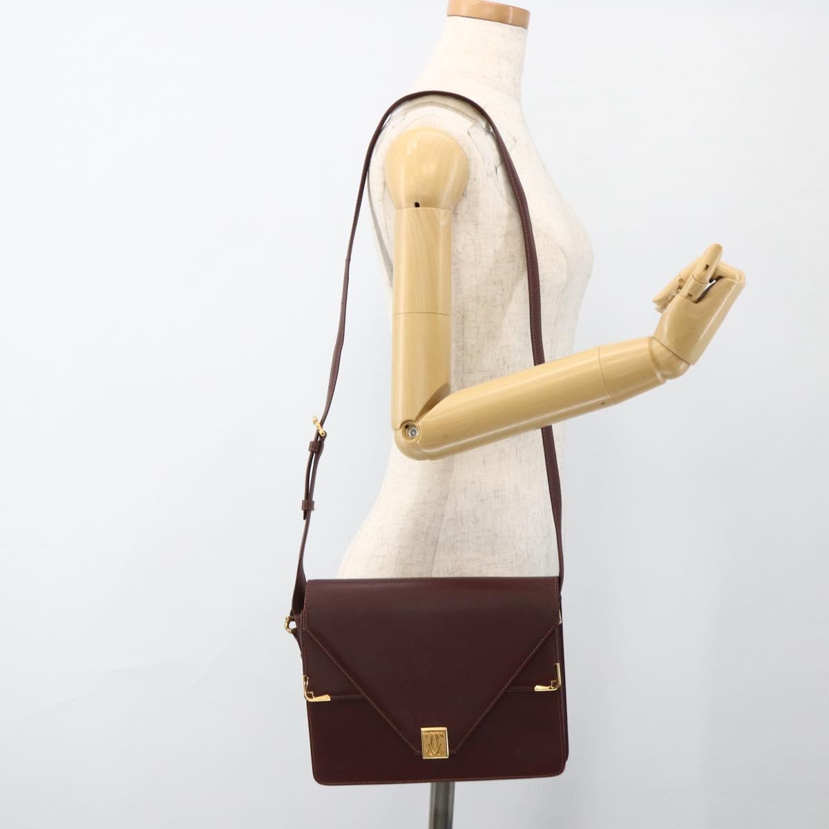 CARTIER Must Line Shoulder Bag Leather Bordeaux Gold Auth BA11403
