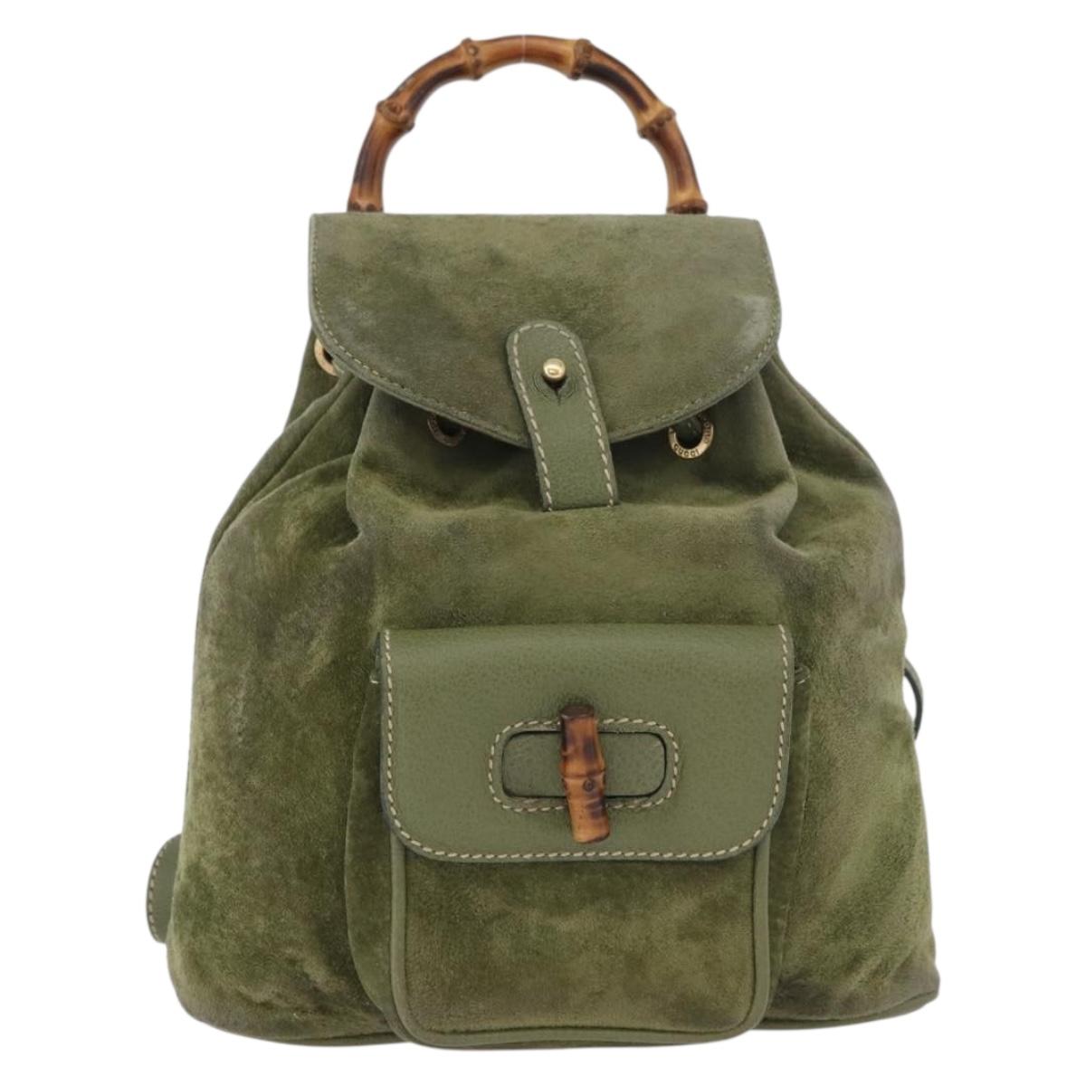 GUCCI Bamboo Backpack Leather Khaki Gold 003 1998 0030 Auth BA11408